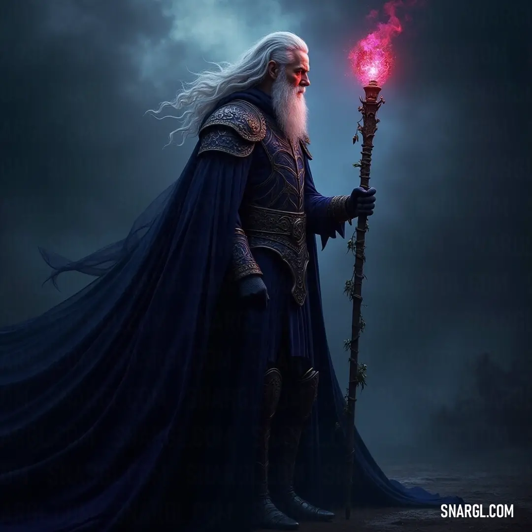 A wise figure in a blue cape holding a glowing red stick, standing in a quiet, dimly lit space, radiating power and calm. A wise figure in a long blue cape stands with a red-lit stick in hand, casting a soft glow in a quiet, mysterious space. His presence exudes calm authority, and the subtle light hints at his power.