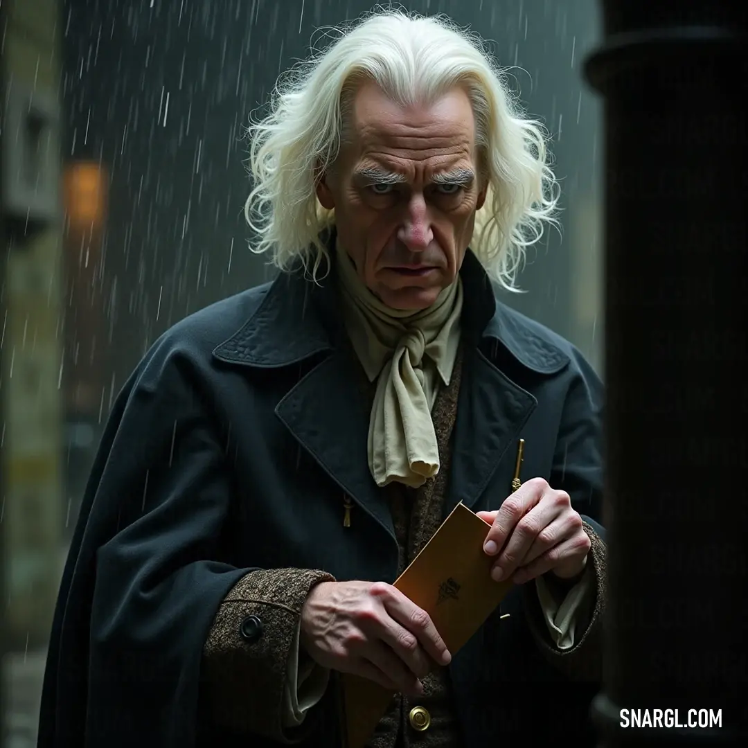 As rain falls steadily, a wise figure stands firmly with white hair, enveloped in a dark coat. In one hand, he clutches a folder while a pen rests poised in the other, embodying a blend of intellect and authority in the wet ambiance.