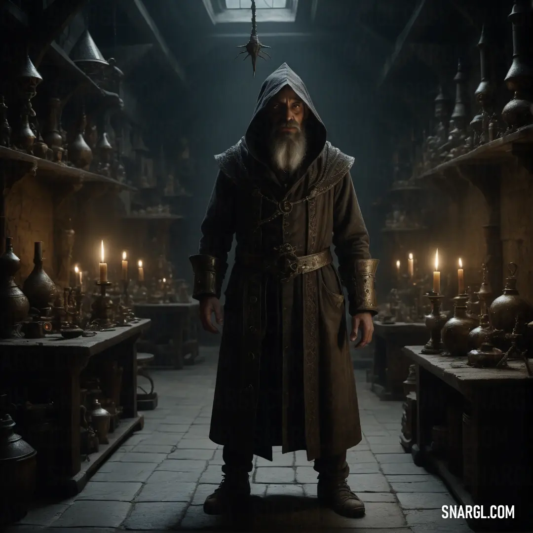 Alchemist in a long coat standing in a room with male Alchemisty candles and a star hanging from the ceiling