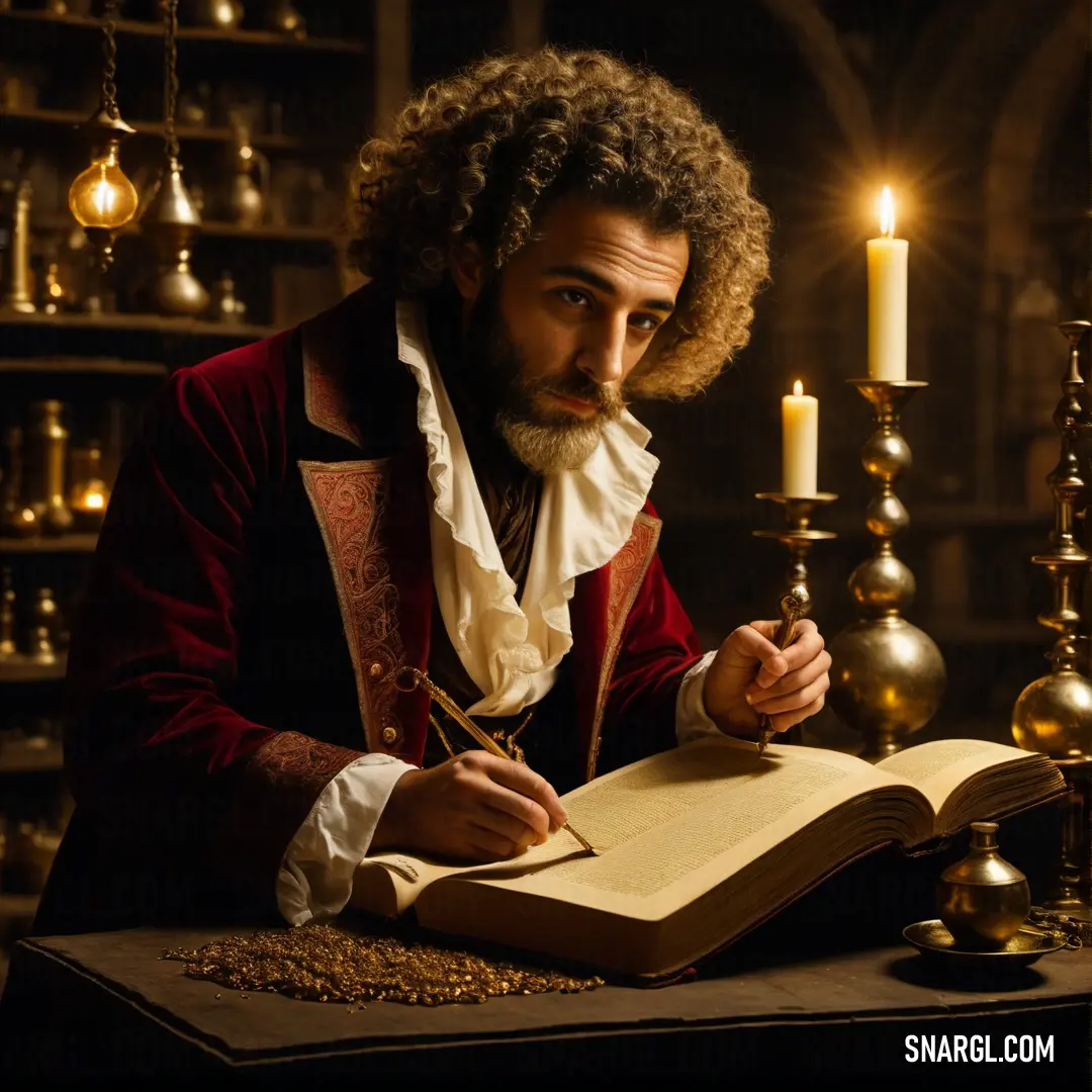 Alchemist in a red jacket writing on a book with a candle in the background