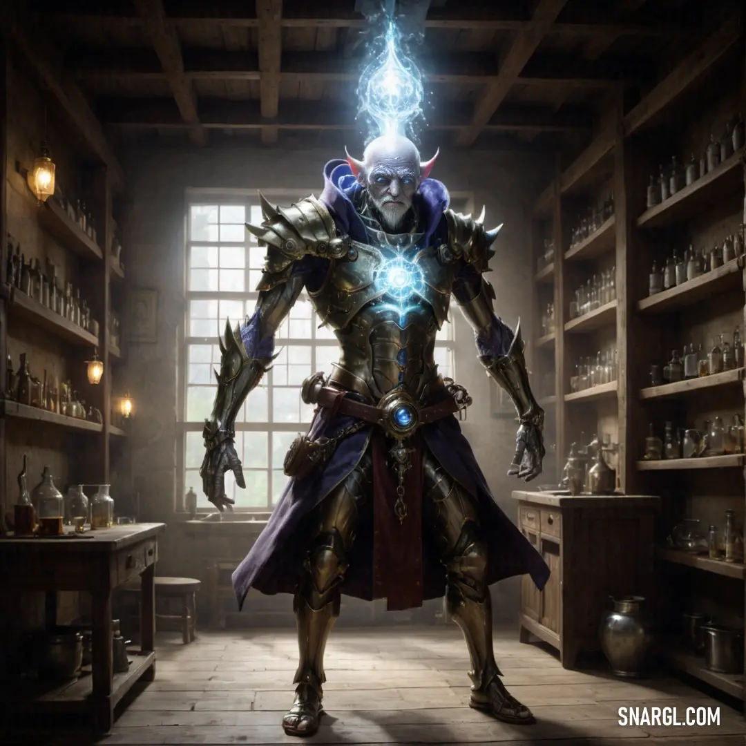 Alchemist in a room with a large light shining from his head