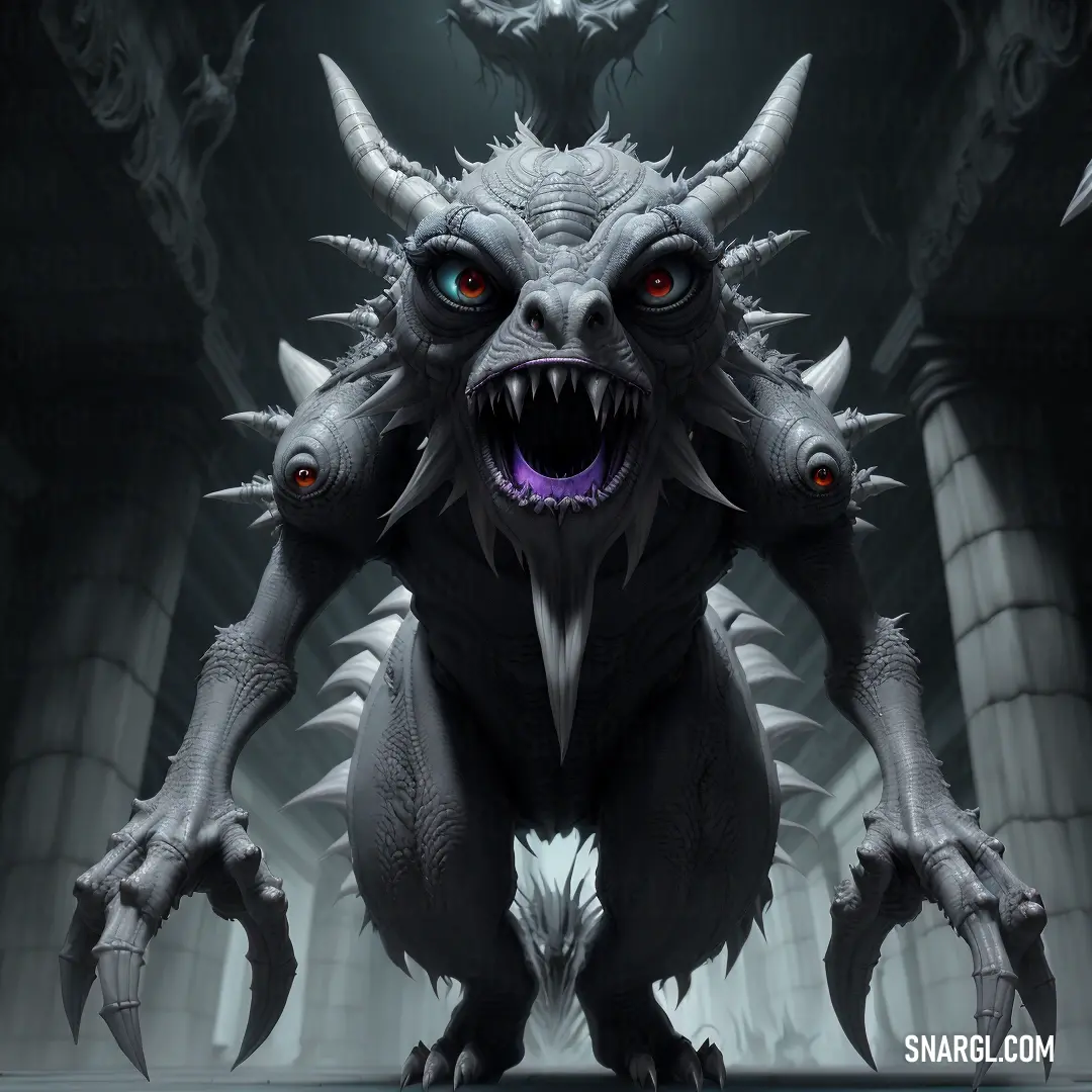 Demonic creature with large horns and huge teeth