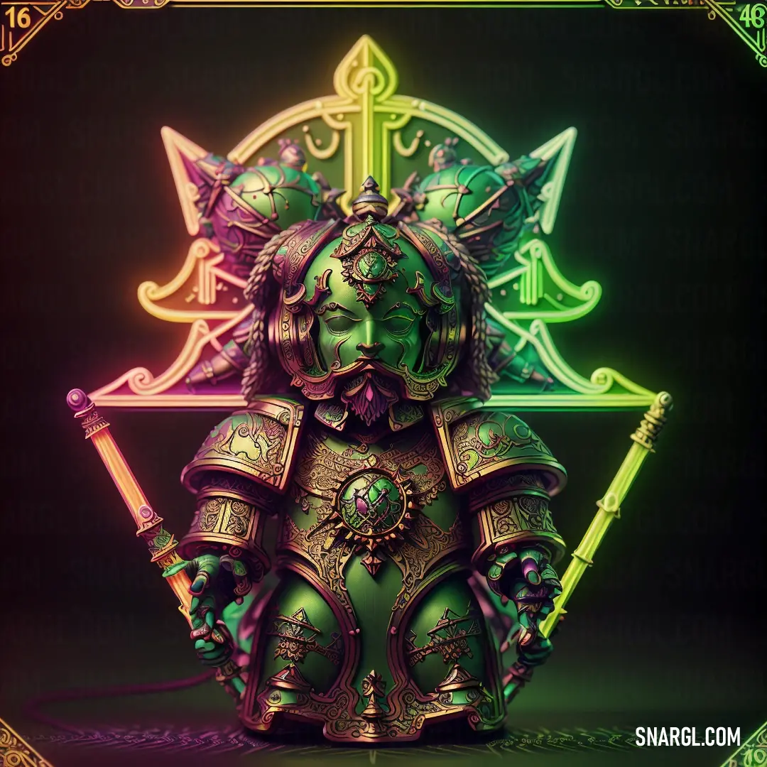 Digital painting of a green and gold statue with a sword and a shield on it's head