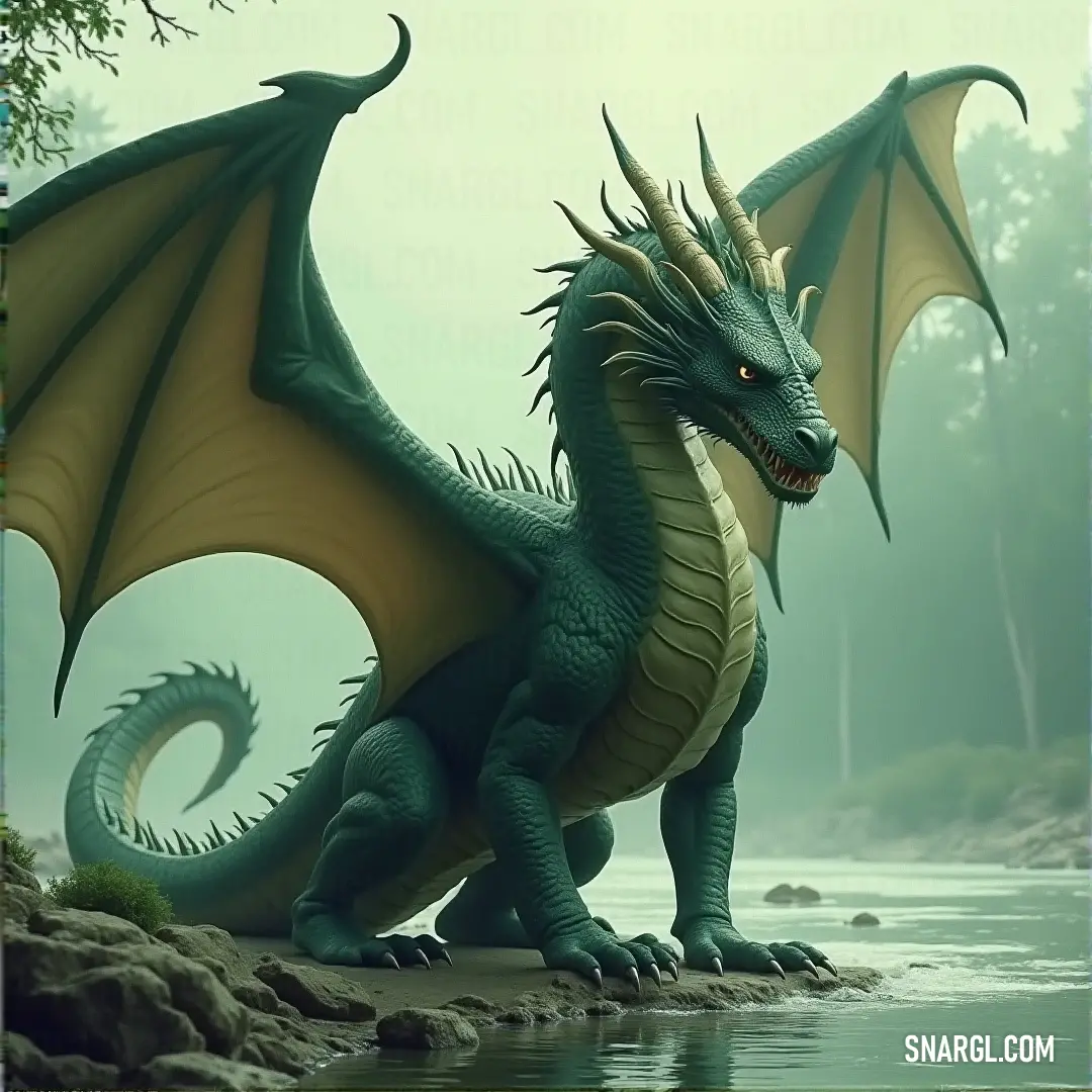 The green-scaled Alduin stands proudly on a rocky outcrop, the tranquil waters below reflecting the vivid colors of the surrounding trees. The scene exudes strength, harmony, and the quiet power of the natural world.