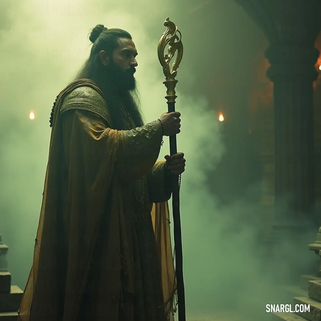 Enveloped in mystery, a figure clad in a flowing robe wields a glowing staff, surrounded by fog and ancient architecture, invoking a sense of enchantment and timeless knowledge. In a mystical, fog-laden room, a figure draped in a flowing robe holds a glowing staff, the ancient pillars and ethereal mist creating an atmosphere of magic and ancient wisdom surrounding him.