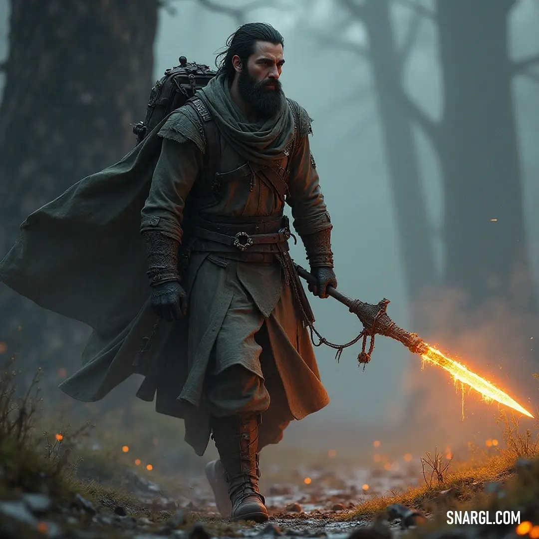 A mysterious figure, adorned in an ornate costume, holds a fire stick alight in a foggy forest, evoking a sense of magic and adventure surrounded by nature's secrets. In a mysterious forest shrouded in fog, a character clad in an elaborate costume is seen brandishing a fire stick, igniting wonder and curiosity amidst towering trees that whisper secrets of ancient lore.
