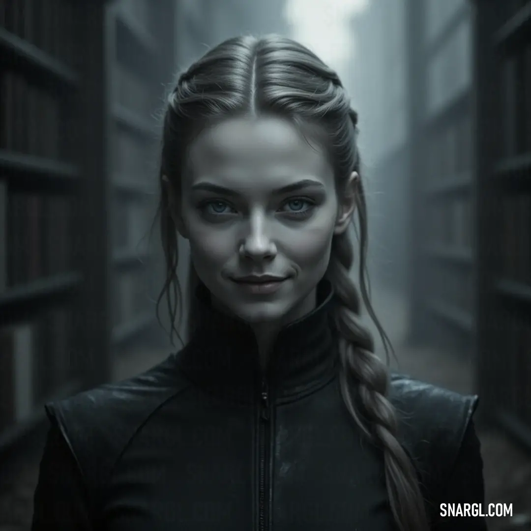 In a shadowy alleyway lined with towering bookshelves, Alfhild with flowing hair and a curious ponytail strikes a captivating pose, her expression as enigmatic as the secrets hidden in the surrounding tomes.