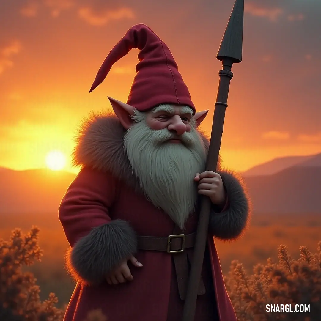 A whimsical scene featuring an Algot standing proudly in a vibrant, sunlit field, gripping a sturdy stick. The warm colors of the sunset cast a magical glow, accentuating the playful nature of the Algot amidst the serene landscape.