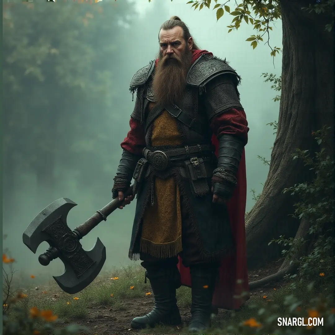Algrim Battlehammer stands resolute in the forest, his red and black armor gleaming as he grips his mighty axe, prepared for whatever comes. Algrim Battlehammer, dressed in striking red and black armor, stands amidst a dark, dense forest. His massive axe gleams in the dim light, and his steady stance suggests he’s ready to face any battle that may arise in this shadowy wilderness.