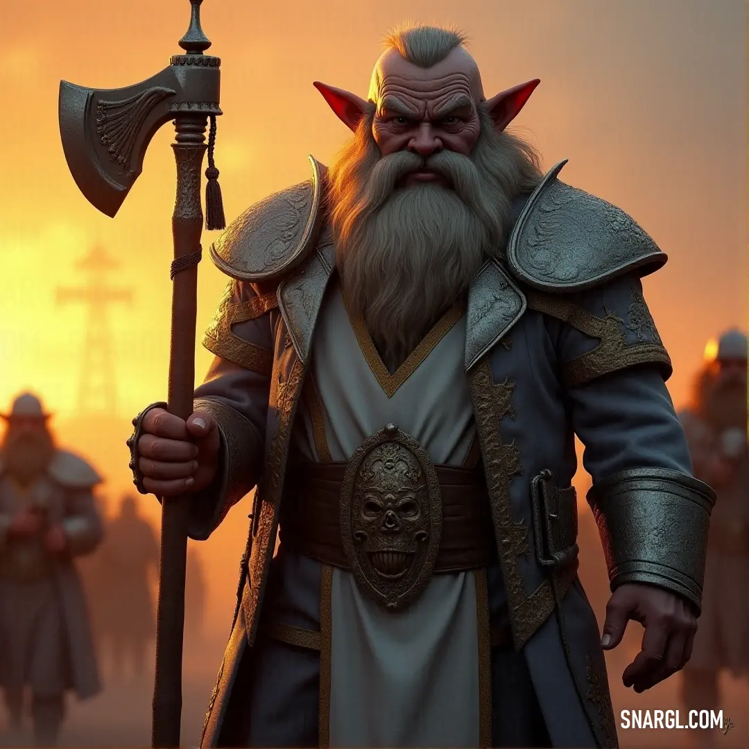 Algrim Battlehammer, with a massive beard adorned with horns, stands proud, his long white beard flowing beneath his red cape. He grips his mighty hammer, ready for battle atop a hill, the wind rushing through his beard.