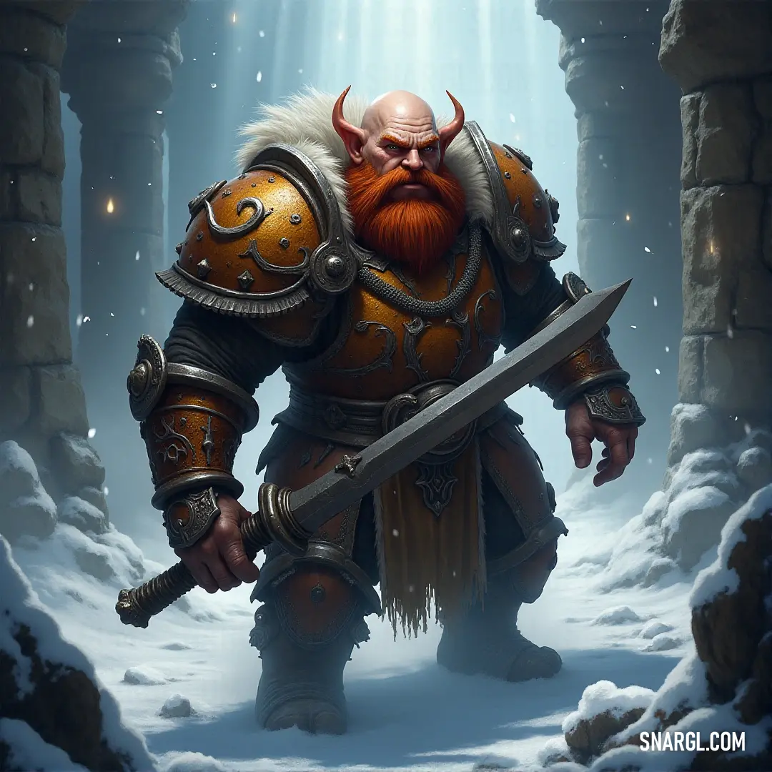 Algrim Ironfist with a beard and a beard holding a sword in a snowy cave with a light beam coming from behind him