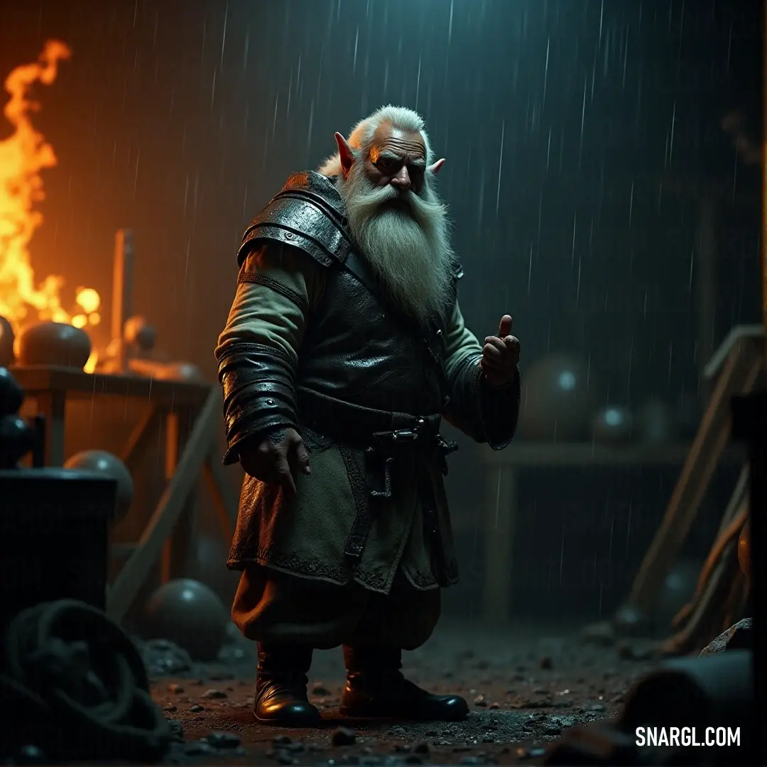 A figure with a thick beard and leather jacket stands in the rain, illuminated by a glowing light behind him. The firelight flickers in the distance as rain cascades around him.