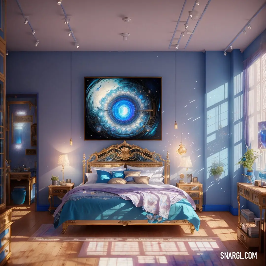 Bedroom with a large painting on the wall and a bed in the middle of the room with a blue comforter