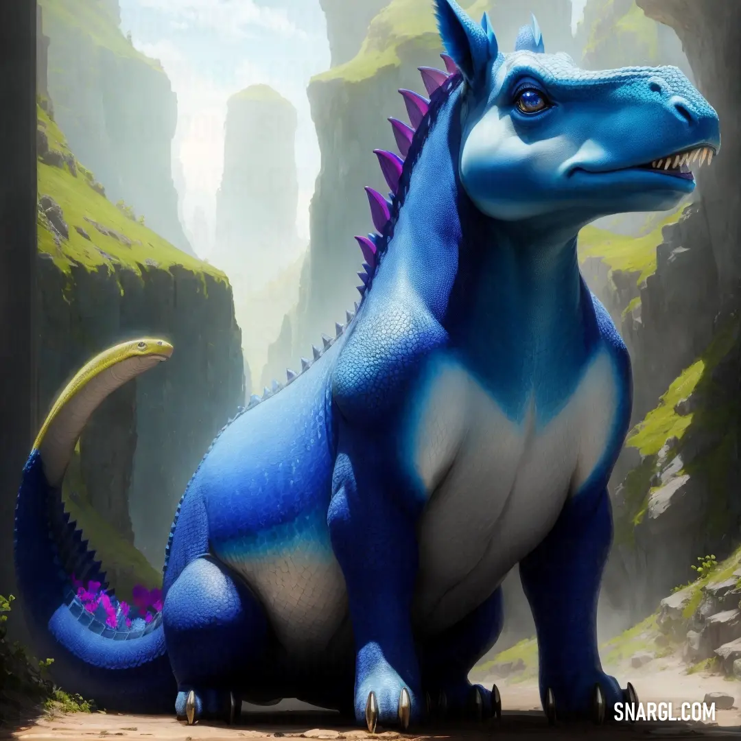 Blue and white dinosaur in a cave with mountains in the background and a sky background with clouds