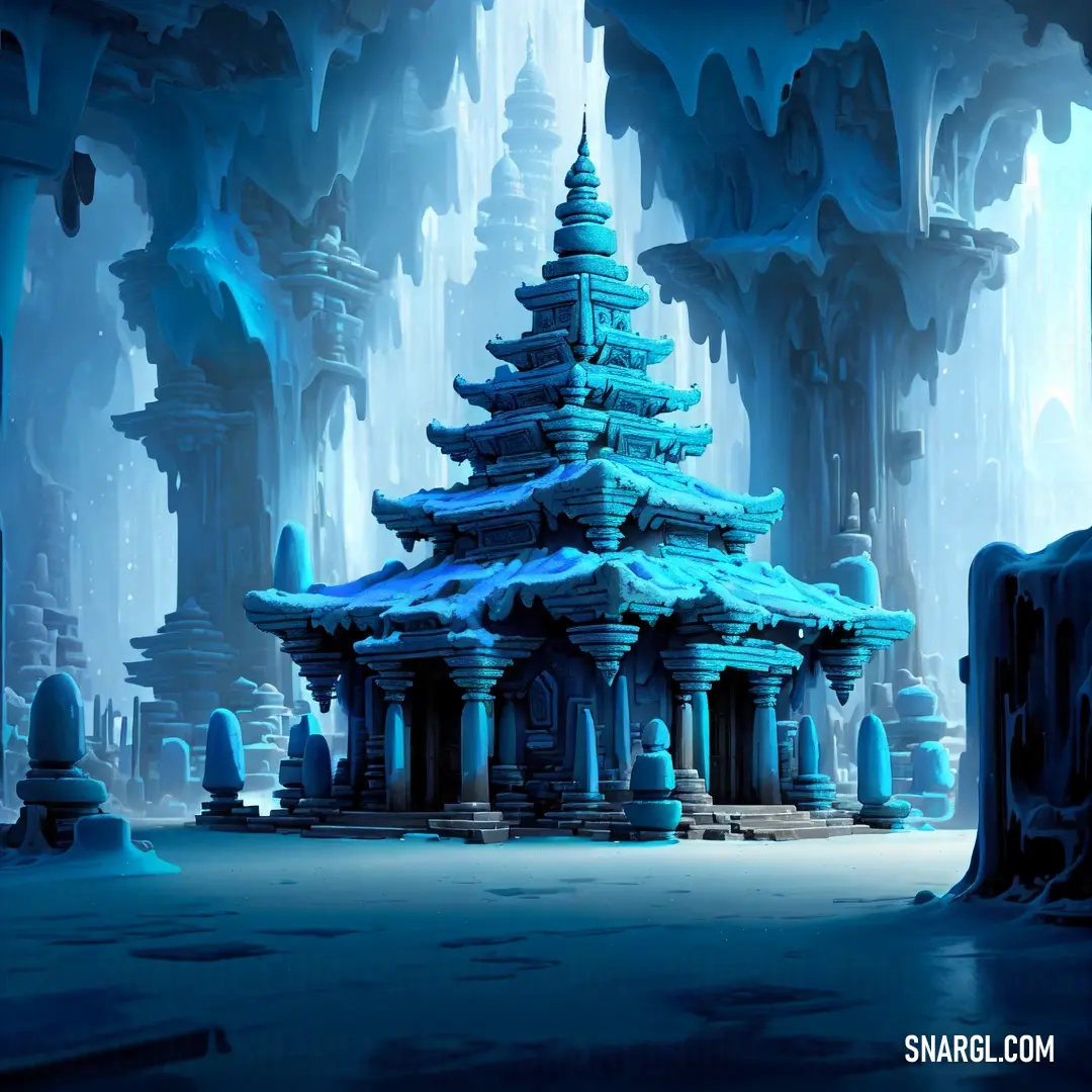 Blue and white fantasy scene with a pagoda in the middle of a frozen forest with ice formations and snow