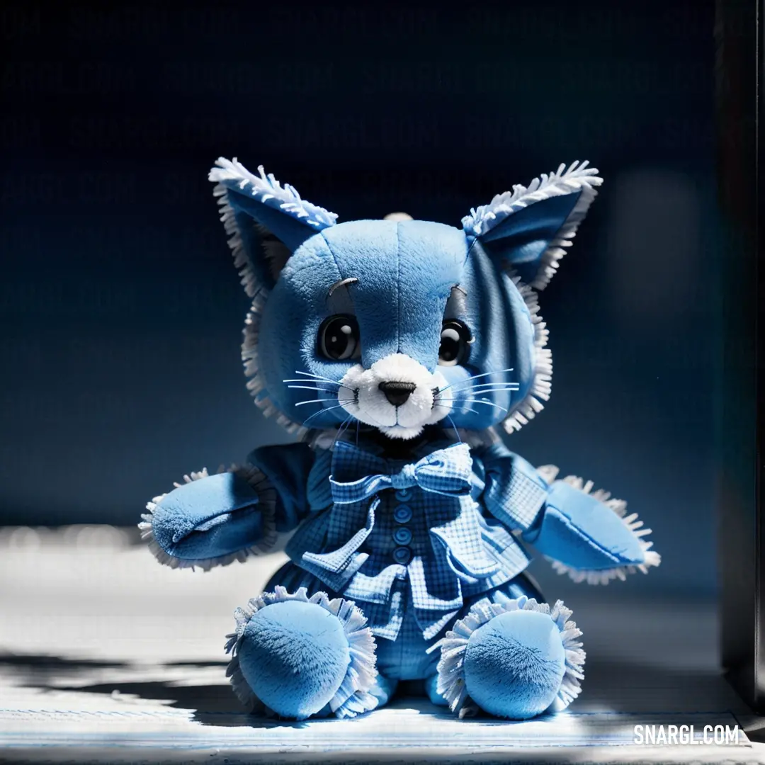 Blue stuffed animal with a blue dress on it's body and ears