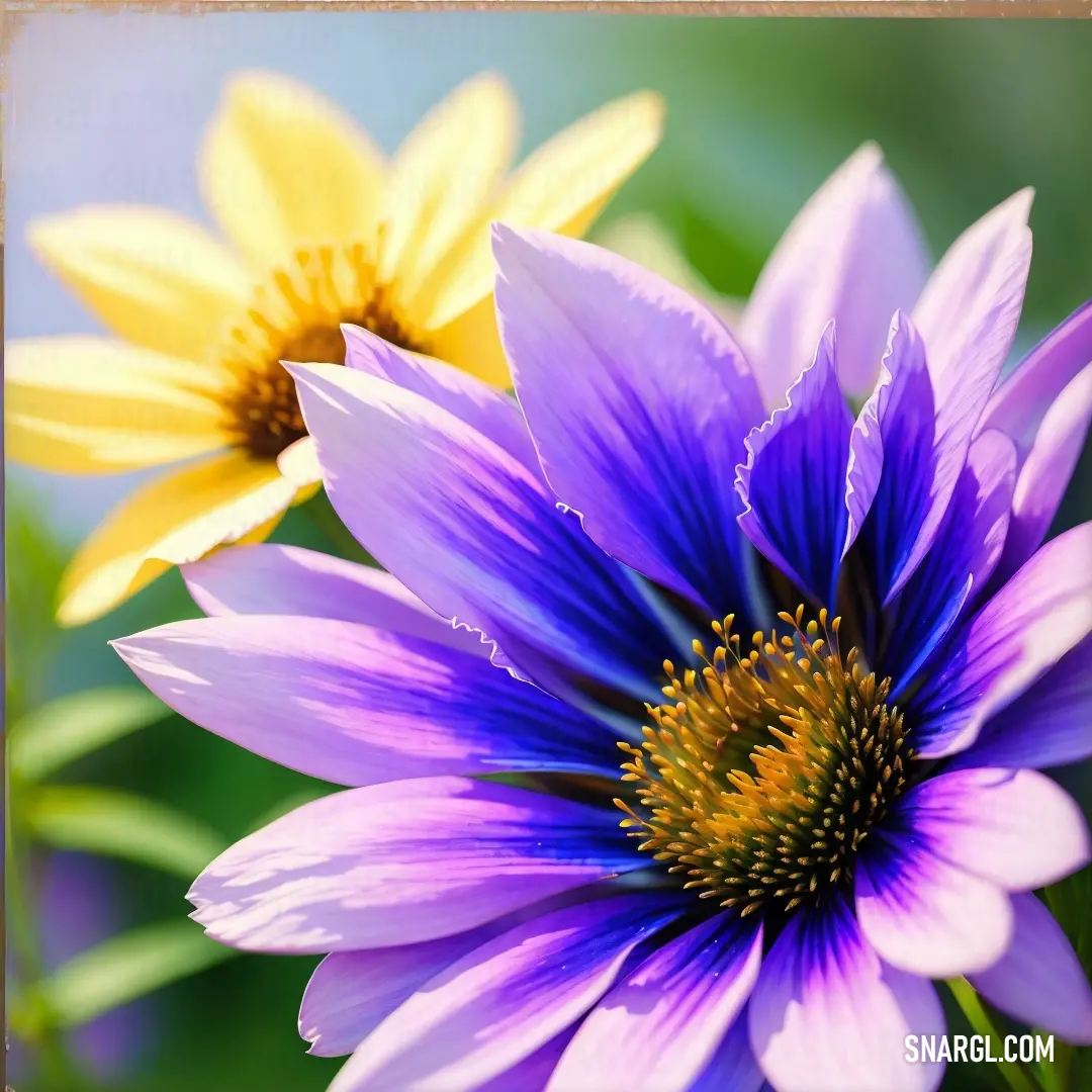 Close up of a purple flower with yellow flowers in the background and a blurry background behind it