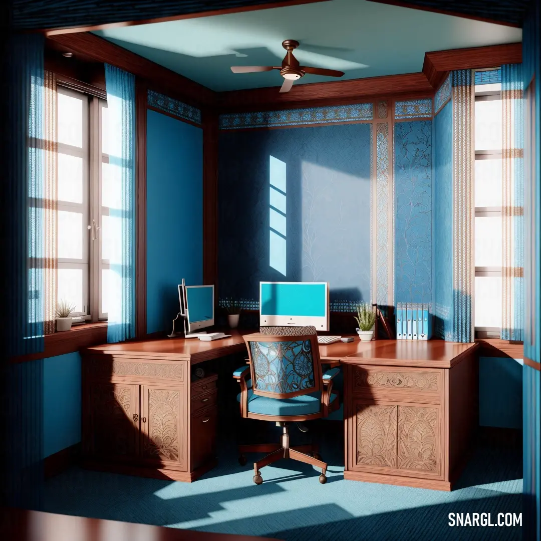Computer desk with a laptop on top of it in a room with blue walls and windows with blinds