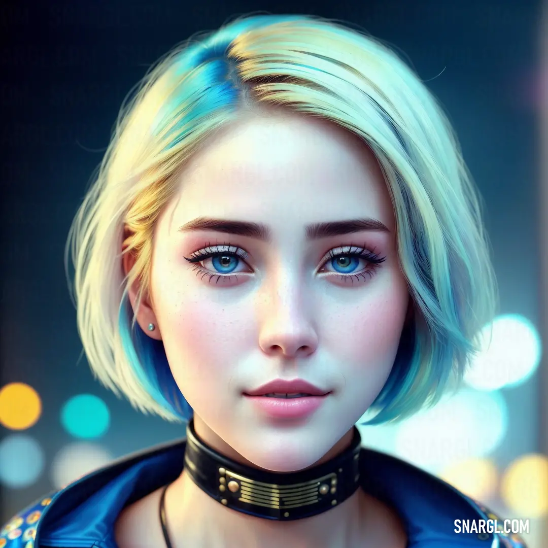 Digital painting of a woman with blue eyes and a collar necklace on her neck