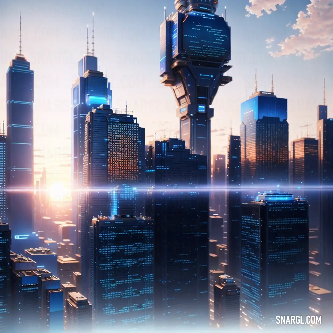 Futuristic city with skyscrapers and a clock tower at sunset or dawn with a bright blue sky and clouds