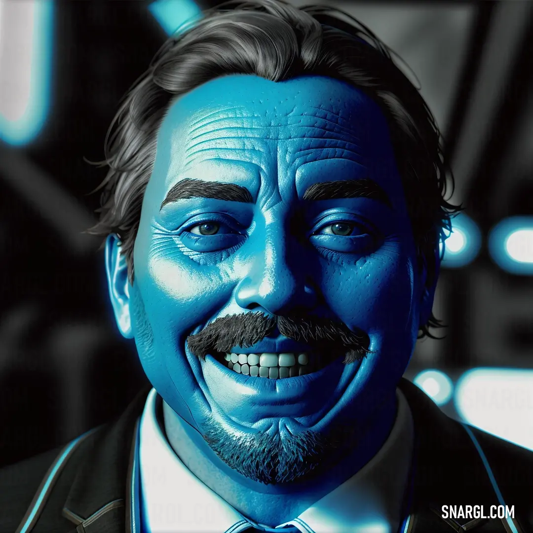 Man with a mustache and a blue face is smiling at the camera with a black background