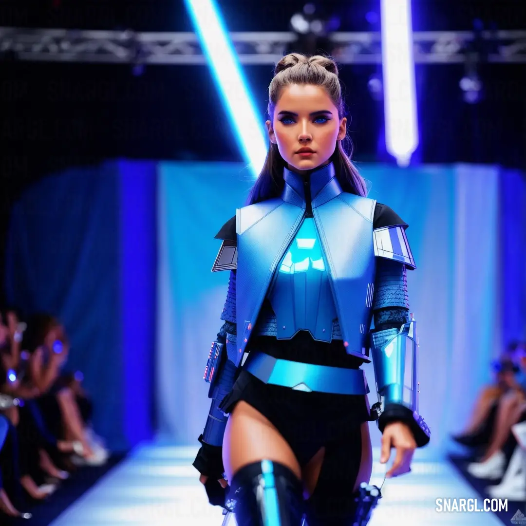 Model walks down the runway in a futuristic outfit with a futuristic helmet on her head and a futuristic body suit on her arm