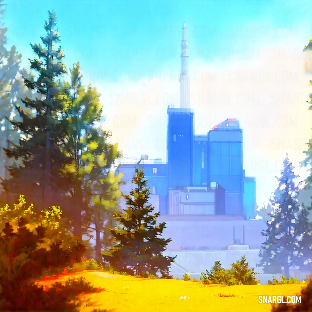 Painting of a city with trees and a yellow field in front of it and a blue building in the background