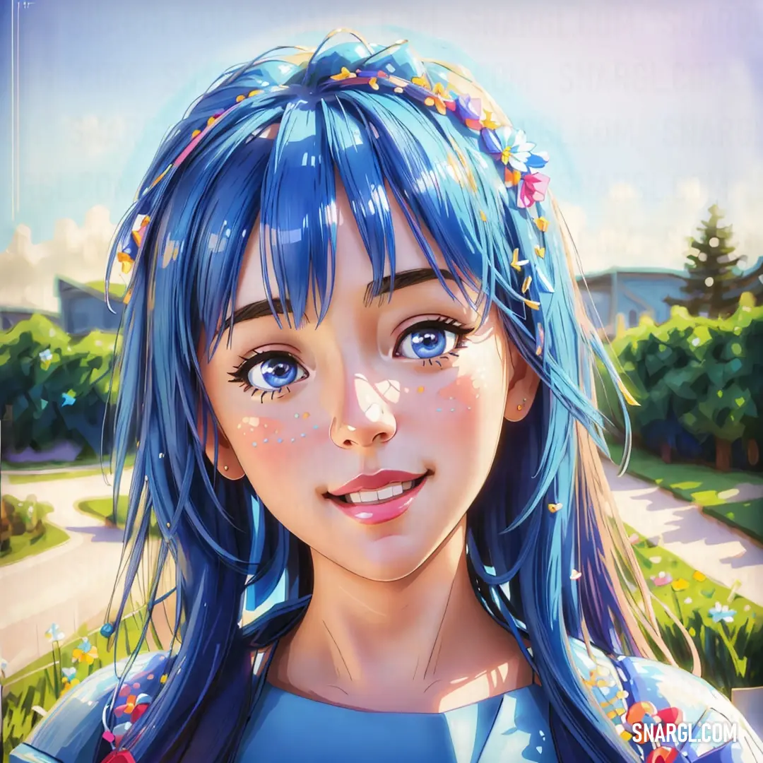 Painting of a girl with blue hair and blue eyes and a blue dress with flowers on her head