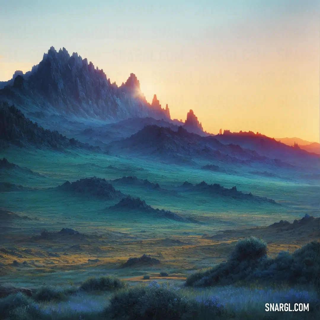 Painting of a mountain range with a sunset in the background and a blue sky with clouds and a few yellow flowers