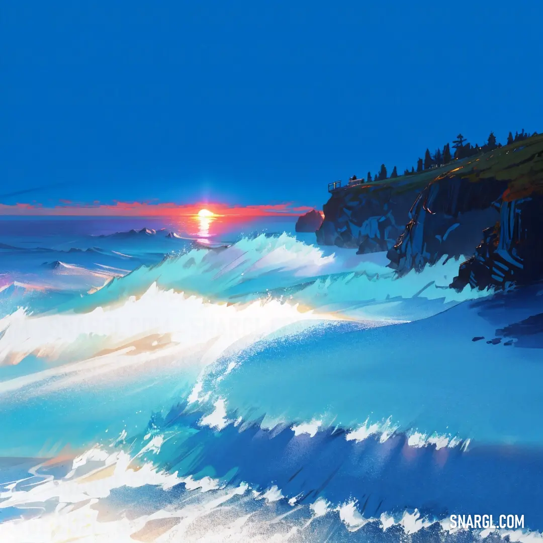 Painting of a sunset over a beach with waves crashing on the shore and a cliff in the distance
