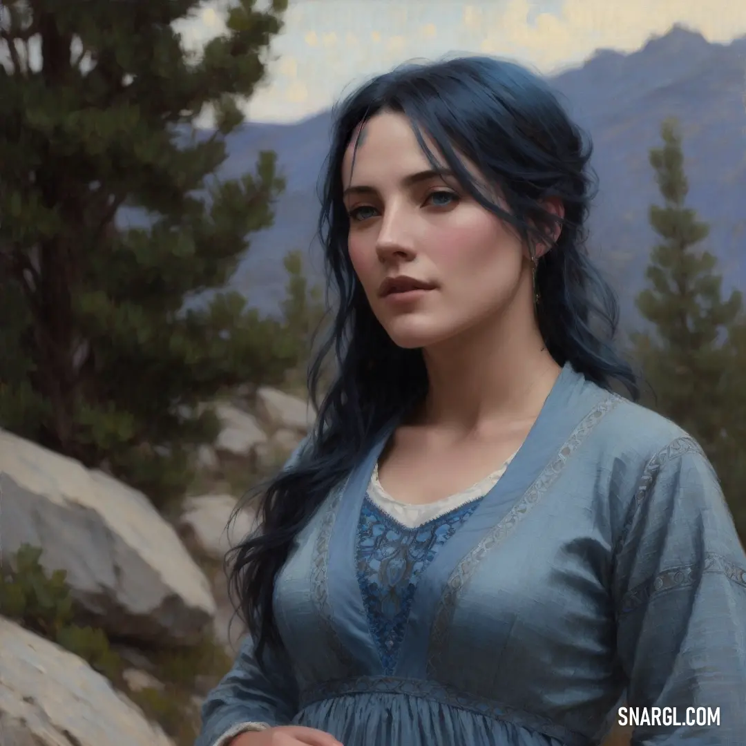 Painting of a woman with blue hair and a blue dress standing in front of a mountain scene with trees