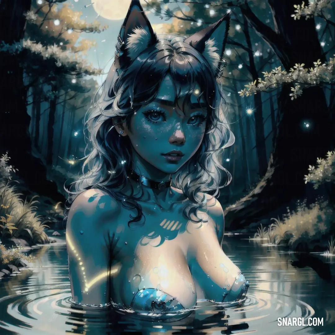Painting of a woman with a cat head in the water with a forest background and a full moon