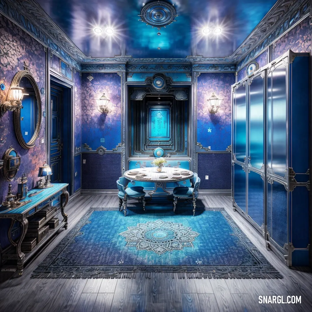 Room with a blue carpet and a blue table and chairs and a mirror on the wall