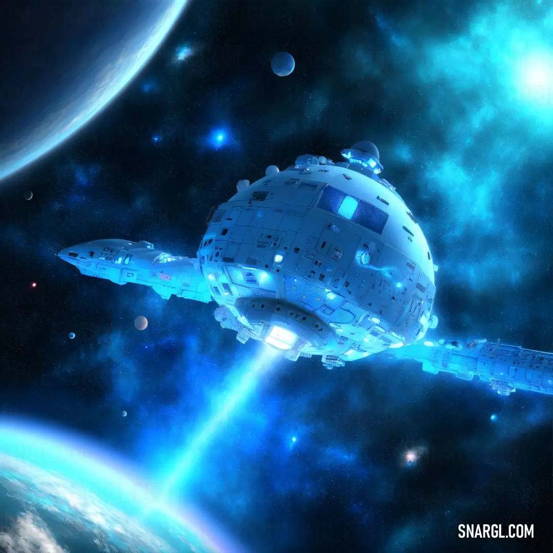 Space ship flying through the sky over a planet with a star in the background and a blue light