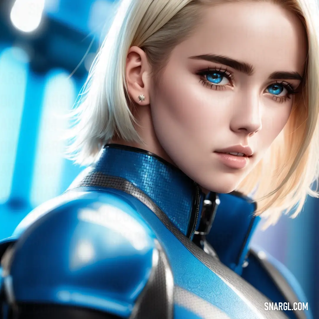 Woman with blonde hair and blue eyes wearing a blue suit and silver gloves with a futuristic look on her face