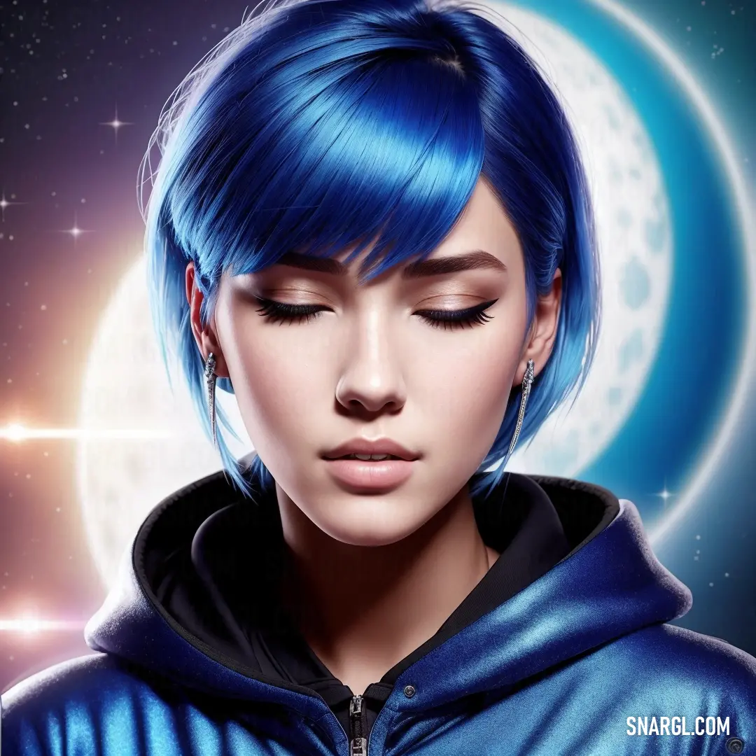 Woman with blue hair and a hoodie on is staring at the moon with her eyes closed
