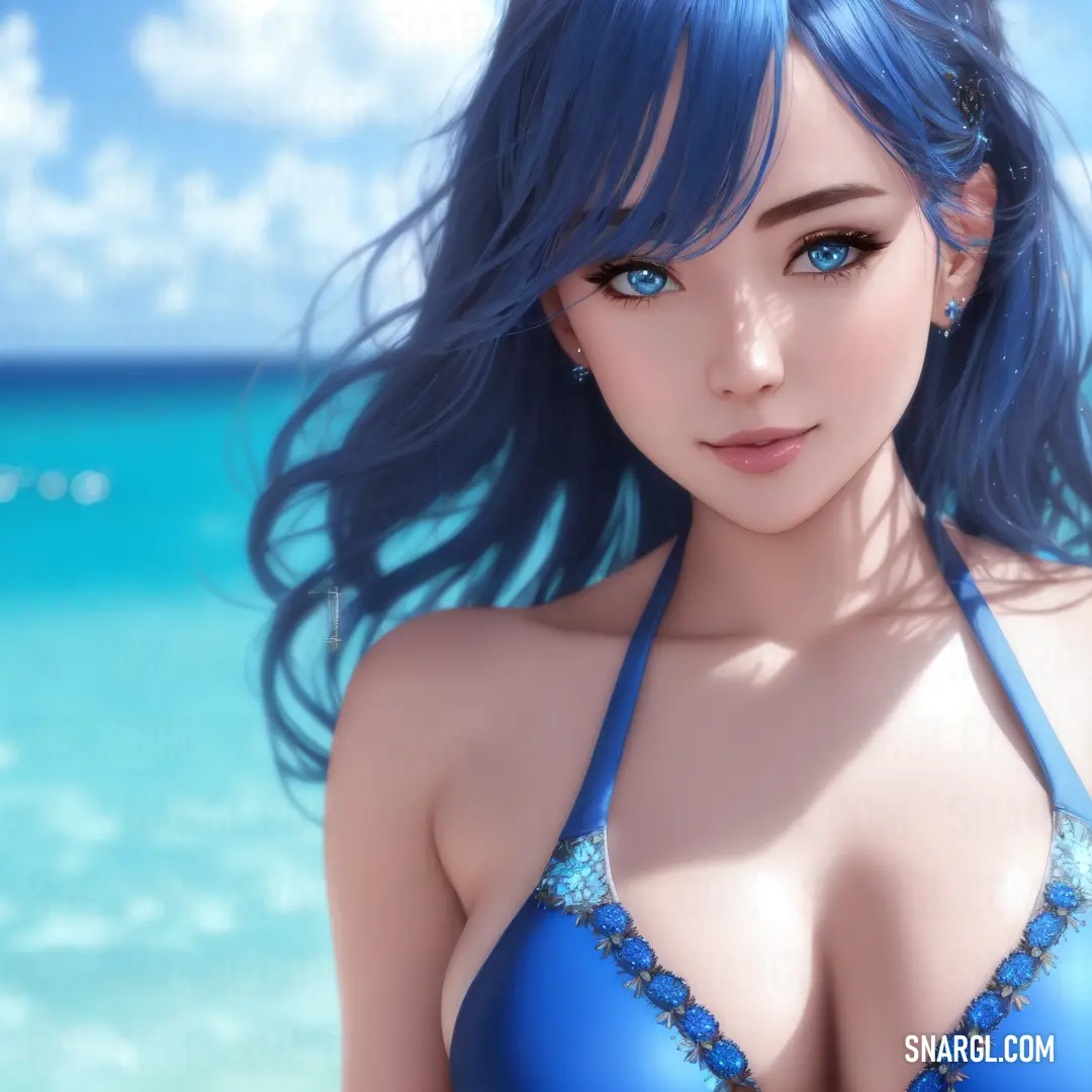Woman with blue hair and a bikini top on a beach with blue water in the background and clouds in the sky