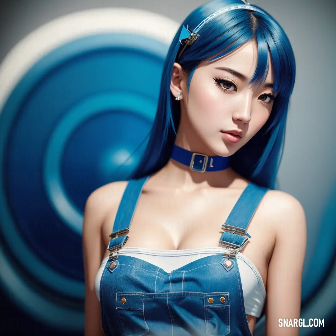 Woman with blue hair and a blue dress with suspenders and a blue background with a circular design