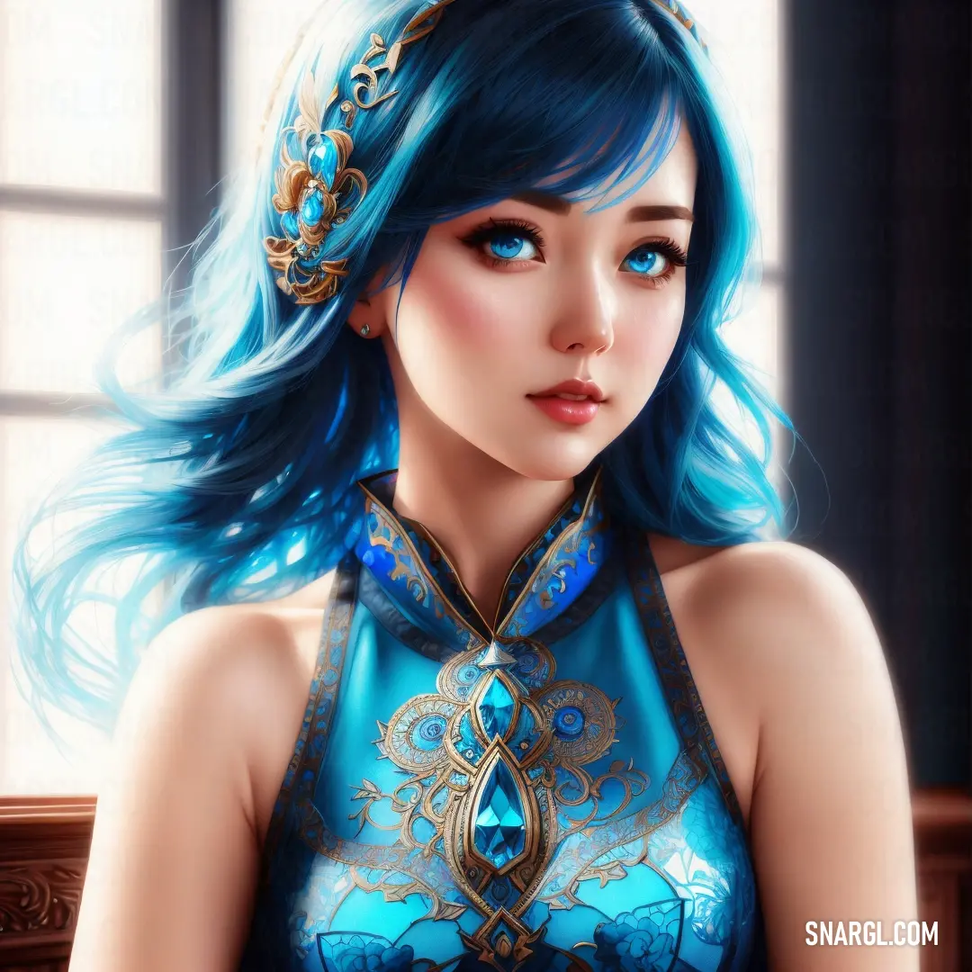 Woman with blue hair and a blue dress with a gold design on it's chest and a blue crown on her head
