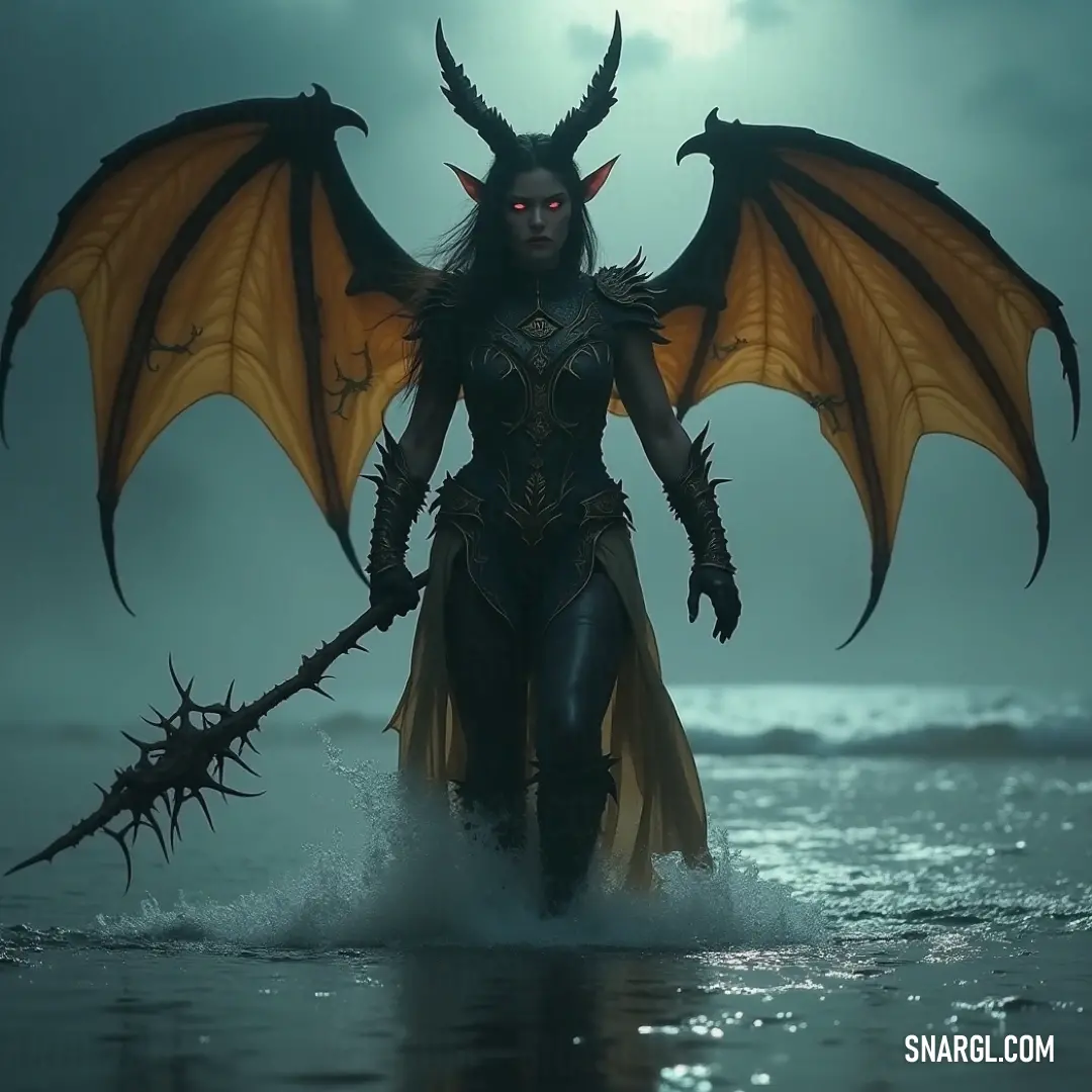 Alina, with dragon-like features and wings, walks through water while holding a stick, illuminated by a soft glowing light, embodying strength and grace. Alina, with a dragon-like body and wings, walks gracefully through the water, holding a stick. The scene blends the elements of fantasy and nature, with a glowing light surrounding her.