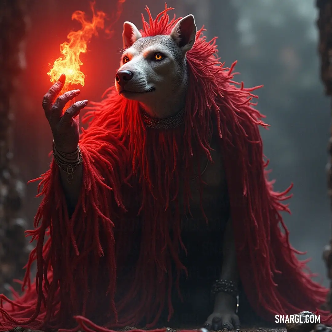 A striking scene of a man clad in an elaborate crimson ensemble, complete with a mystical wolf mask and a dramatic feathered cape, as he brandishes a glowing match against a darkening backdrop.