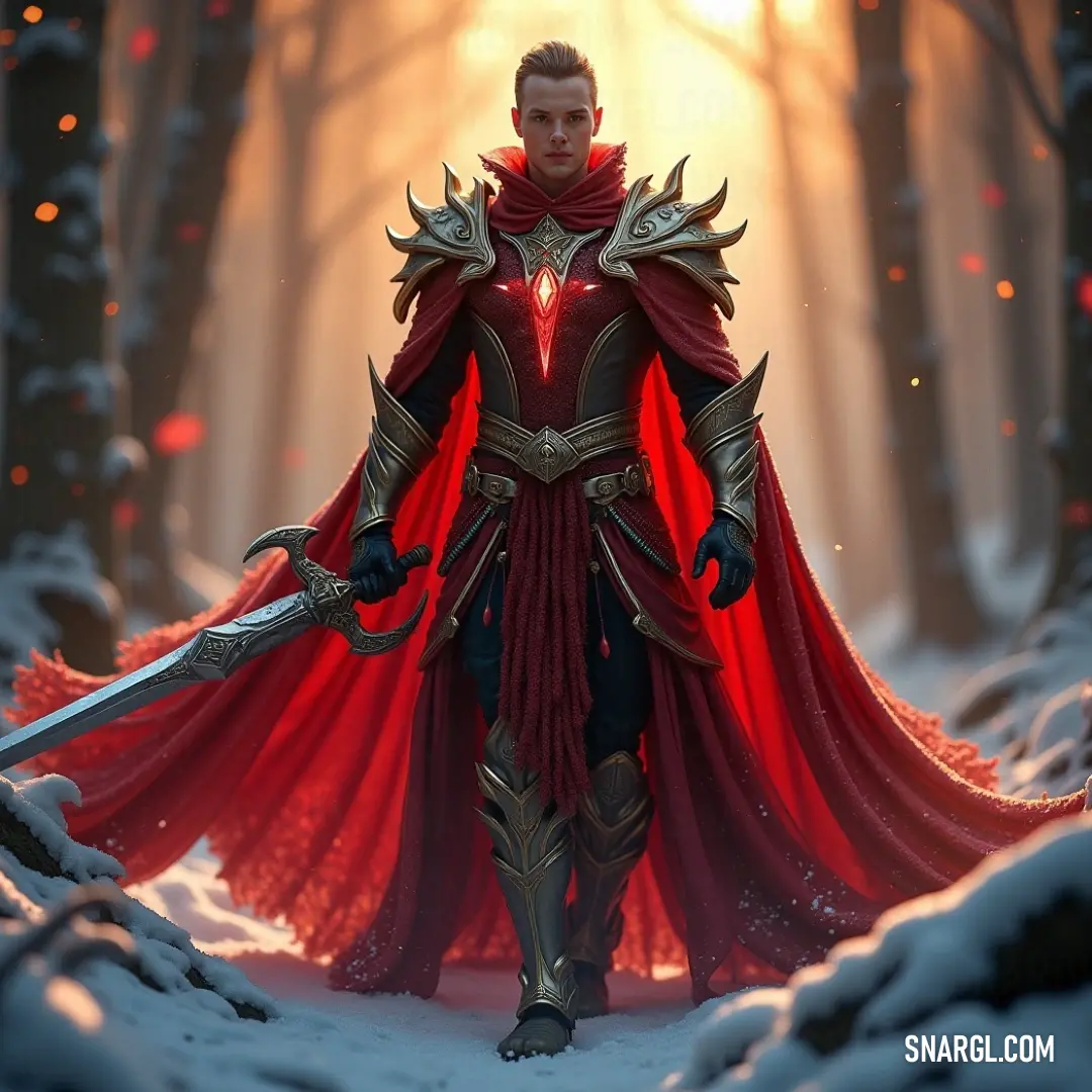 In a winter wonderland, a valiant man dressed in a deep red cape and intricate attire stands amidst the snow, wielding his sword, a symbol of resilience in the harsh cold.