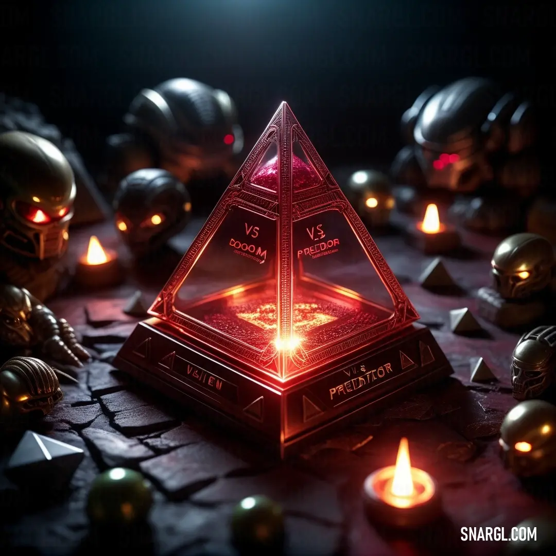 A pyramid of energy is surrounded by glowing skulls and flickering candles, casting eerie shadows in the dark. The central light radiates an otherworldly glow, intensifying the mystical atmosphere of the scene.