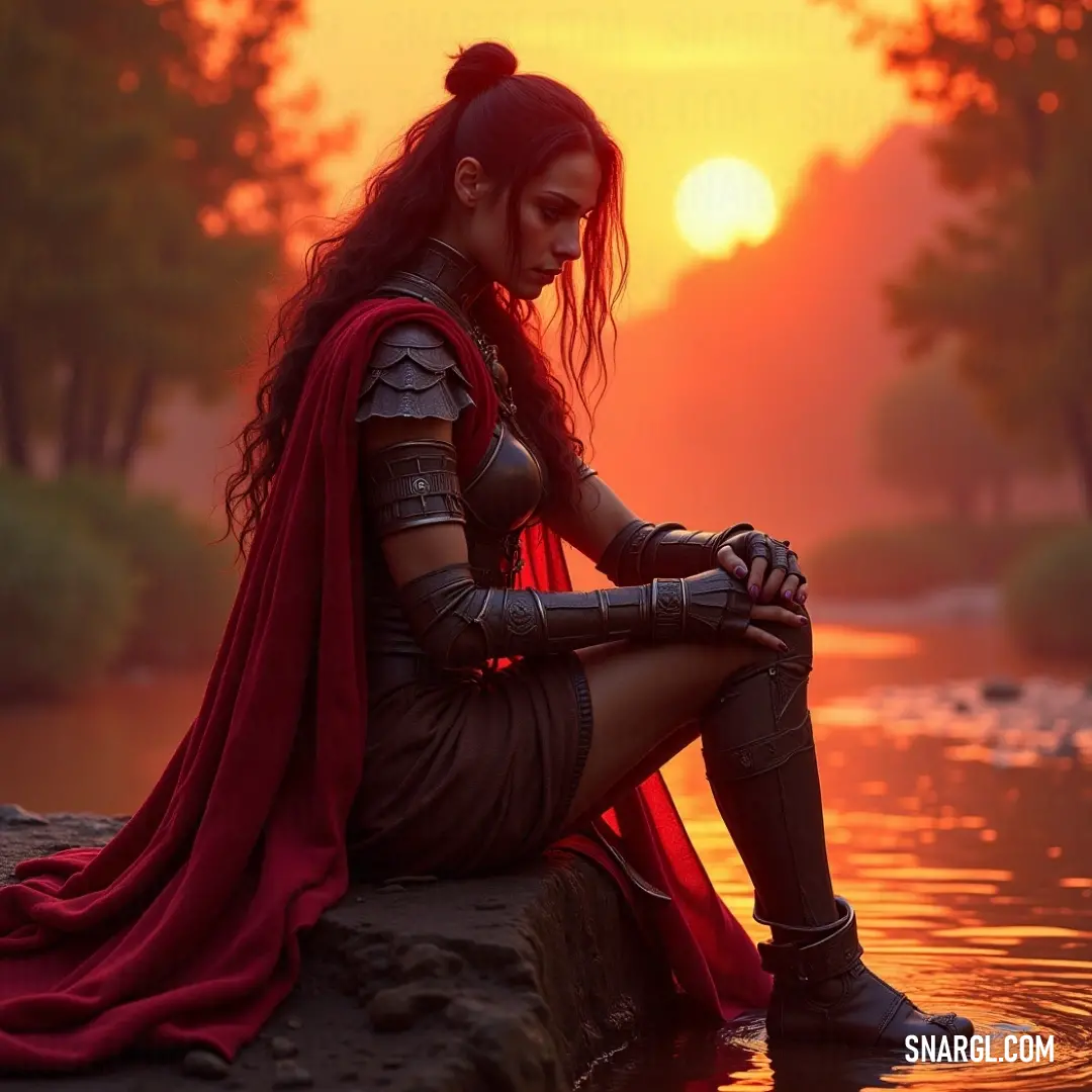 A serene moment captured as a woman dons a flowing red cape, perched gracefully upon a rocky ledge, her silhouette illuminated by the warm glow of a sunset reflecting off tranquil waters.