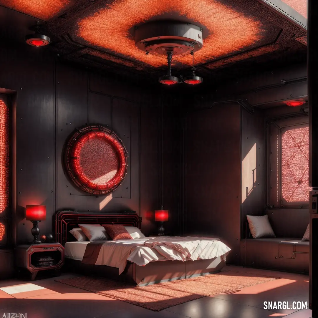 Bedroom with a bed and a window with red light coming from it and a round mirror on the wall