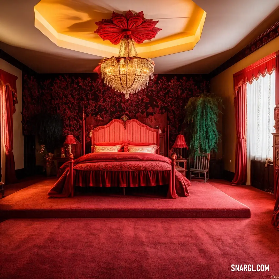 Bedroom with a red bed and a chandelier hanging from the ceiling and a red carpeted floor. Color #E32636.
