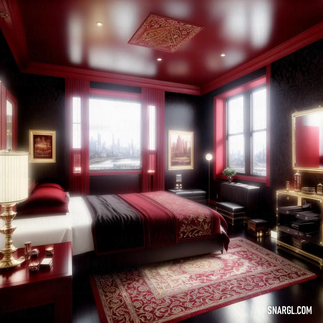 Bedroom with a red and black theme and a red rug on the floor and a red bed in the middle