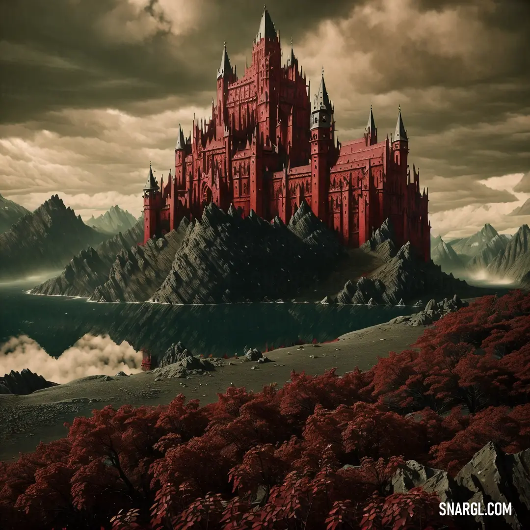 Castle with a red tower surrounded by mountains and trees in the background with a cloudy sky above it