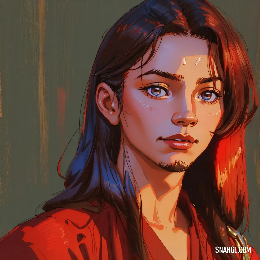 Digital painting of a woman with blue hair and a red shirt on