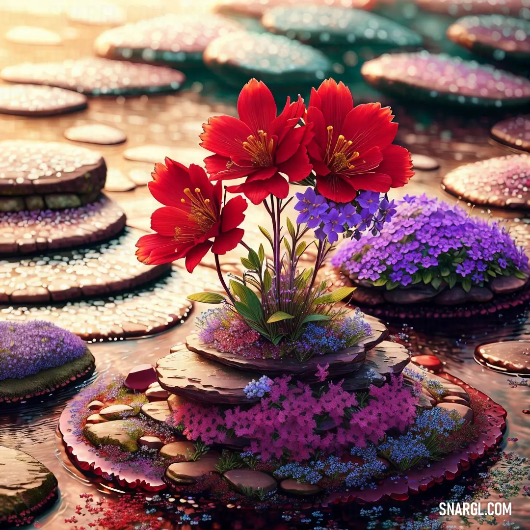 Flower pot with flowers in it on a table with cookies on it and water droplets on the ground
